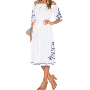 Tularosa Off the Shoulder White Midi Dress with Blue Floral S